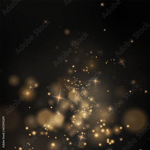 Christmas background. Powder dust light PNG. Magic shining gold dust. Fine, shiny dust bokeh particles fall off slightly. Fantastic shimmer effect. Vector illustrator.	

