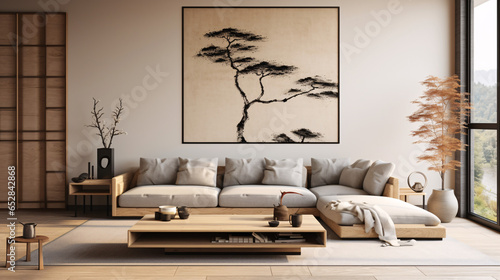 Japandi interior design for a modern living room featuring an elegant sofa, framed artwork, a table, and wall