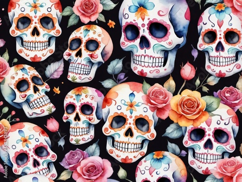 Watercolor Skull And Roses Seamless Pattern