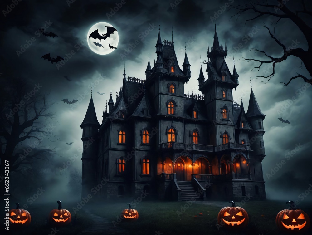Halloween Castle With Pumpkins And Bats In The Dark Night