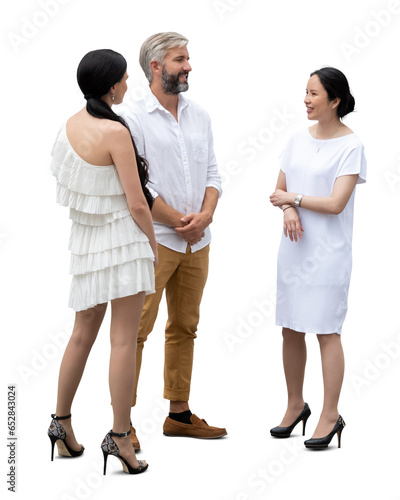 Two women and a man in elegant summer outfits standing and having a conversation isolated on white background