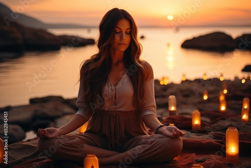 Young woman practicing yoga on the seashore at sunset. The concept of healthy lifestyle and relaxation. 