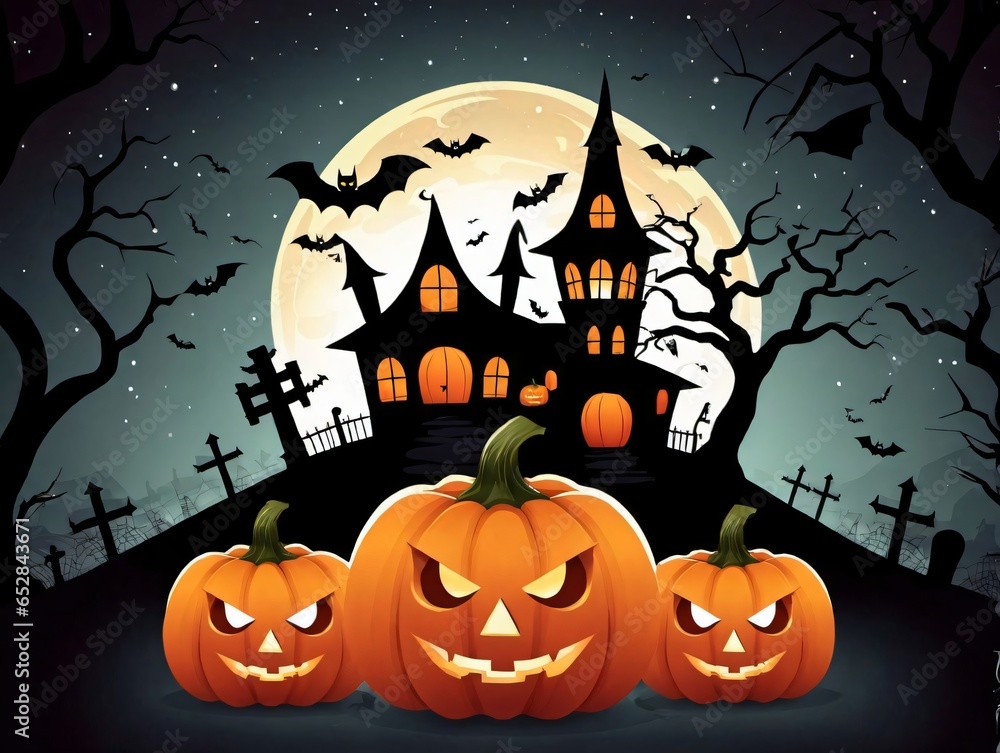 Halloween Night With Pumpkins And Haunted House Halloween Night With Pumpkins And Haunted House