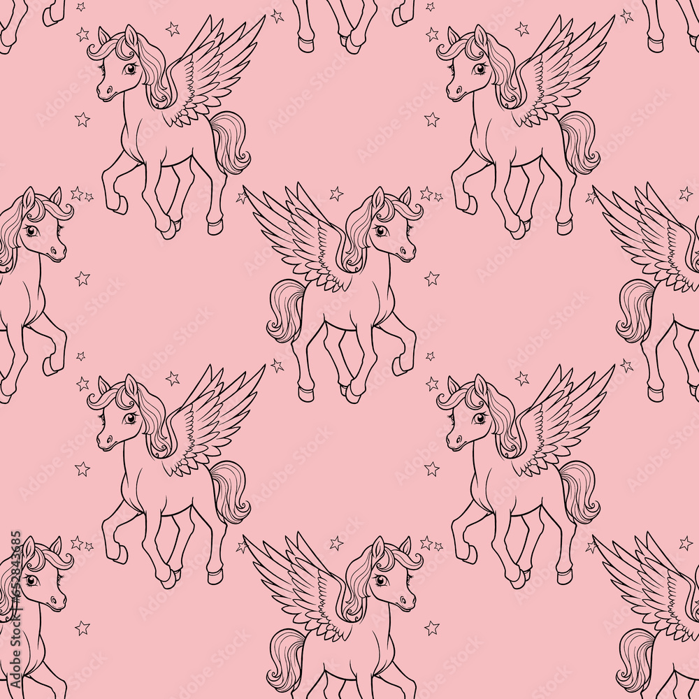 Cute Pony with Wings Magical seamless pattern.Black pink illustration