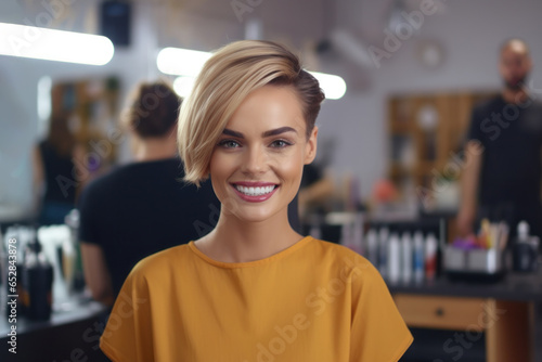 Crafting Beauty with a Smile: Happy Female Caucasian Hairstylist or Hairdresser Thrives at Work in Her Hair Salon, Exuding Professionalism and Joy.