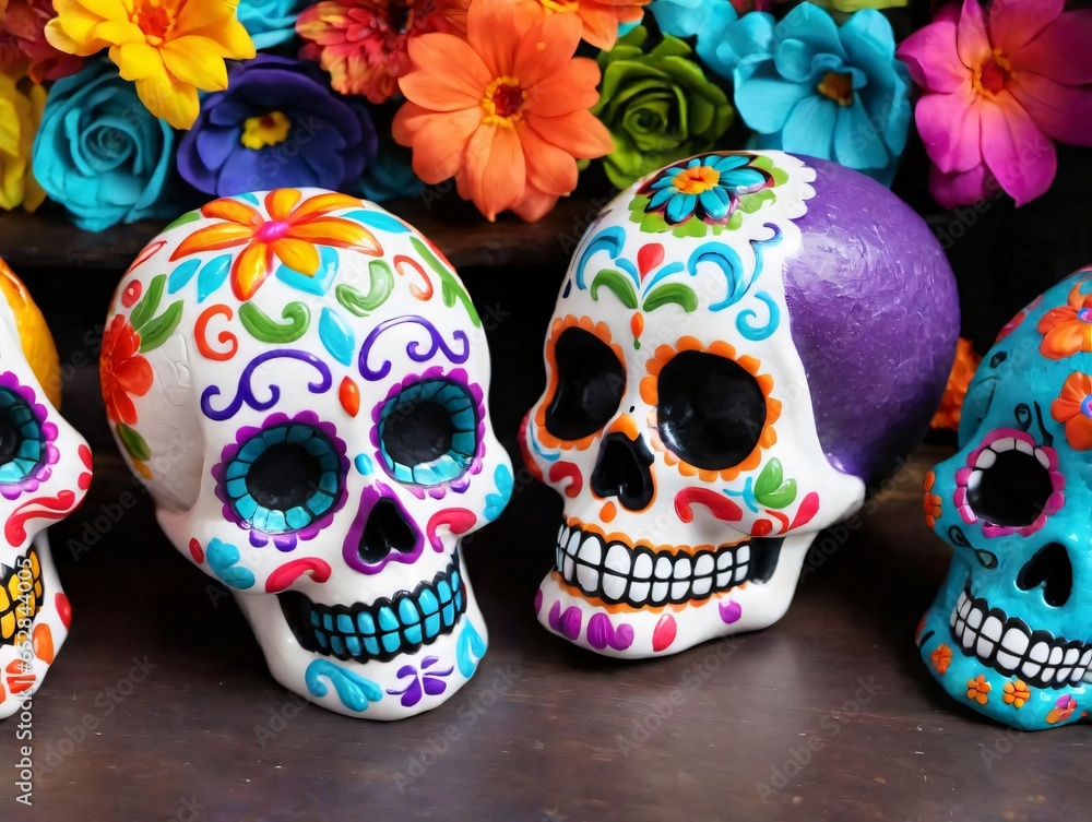 Three Colorful Skulls Sitting Next To A Bunch Of Flowers