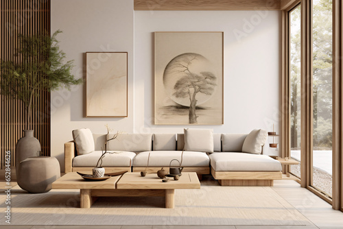 Japandi interior design for a modern living room featuring an elegant sofa, framed artwork, a table, and wall
