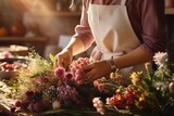 Generative AI. Female florist in apron and shirt works in workshop, making a beautiful bouquet of different plants. Floral design studio, making decorations and arrangements. Delivery, creating order.