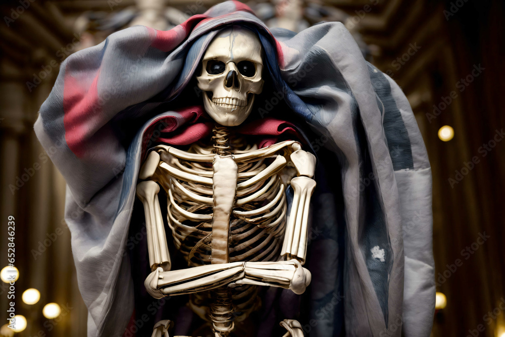 A Skeleton Dressed As A Skeleton With A Red Caper