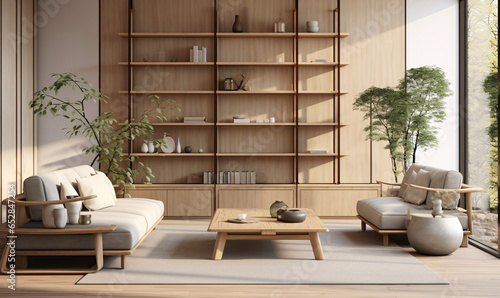 Japandi interior design for a modern living room featuring an elegant sofa, accessories, a table, and wall