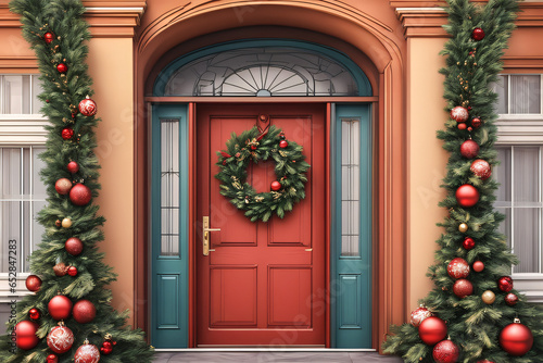 Front door and house with beautiful Christmas decor. Generative Ai 