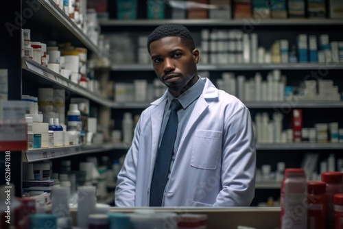 Black Male Pharmacist Occupation Work Role Work Environment Backdrop Generative AI