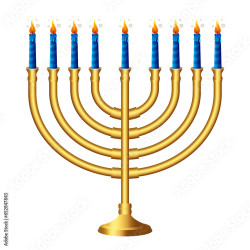 Hanukkah menorah candelabrum with golden nine lit candles vector illustration