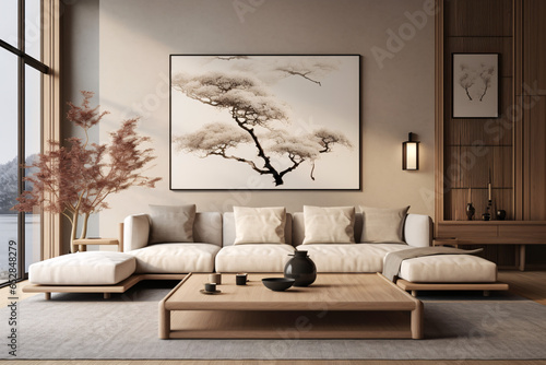 Japandi interior design for a modern living room featuring an elegant sofa, framed artwork, a table, and wall