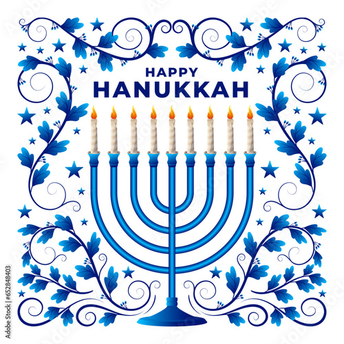 Happy Hanukkah menorah, classic golden nine branched candelabrum with modern calligraphy