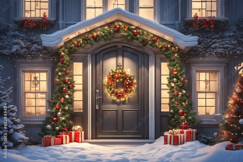 Front door and house with beautiful Christmas decor. Generative Ai
