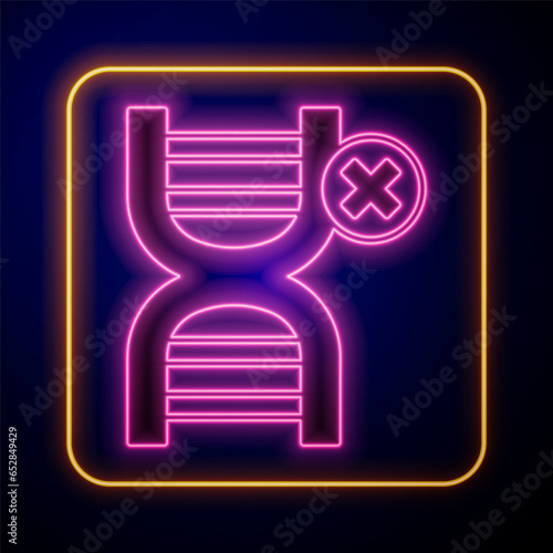 Glowing neon No GMO icon isolated on black background. Genetically modified organism acronym. Dna food modification. Vector