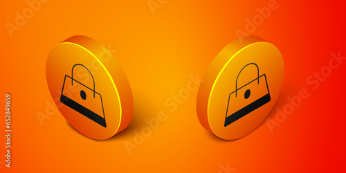 Isometric Handbag icon isolated on orange background. Female handbag sign. Glamour casual baggage symbol. Orange circle button. Vector