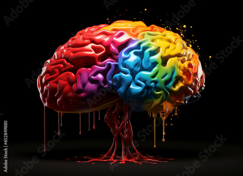 Creative art brain explodes with paints with splashes on a black background, concept idea. AI generated