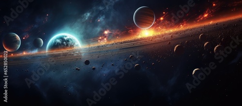 Abstract science themed design showing distant solar system planets in panoramic view