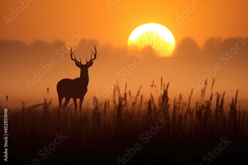 deer silhouette on a misty field with the sun setting behind © Natalia
