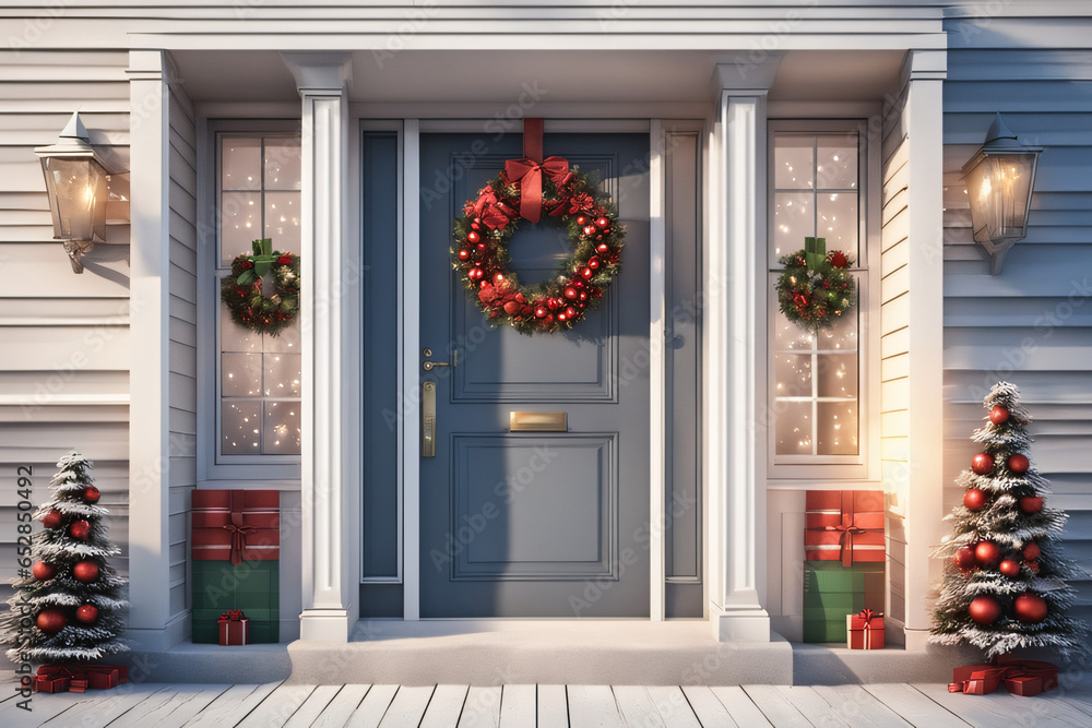 Fototapeta premium Front door and house with beautiful Christmas decor. Generative Ai