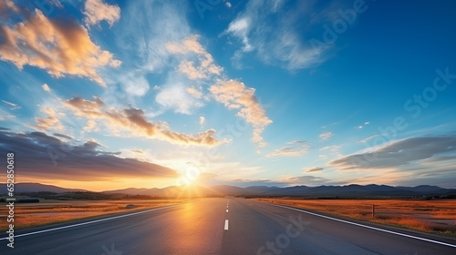 Empty asphalt road and beautiful sky at bright sunset. 