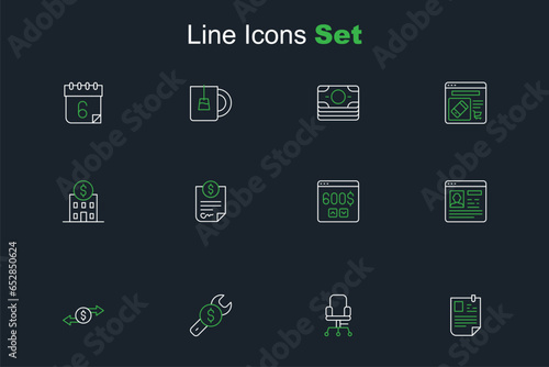 Set line Resume, Office chair, Repair price, Money exchange, Monitor with dollar, Contract money and Bank building icon. Vector