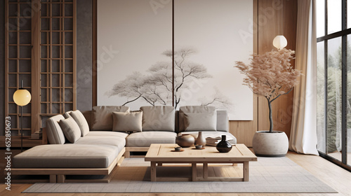 Japandi interior design for a modern living room featuring an elegant sofa, framed artwork, a table, and wall