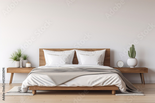 A calming minimalist bedroom, with a platform bed, crisp white bedding, and minimalist bedside tables
