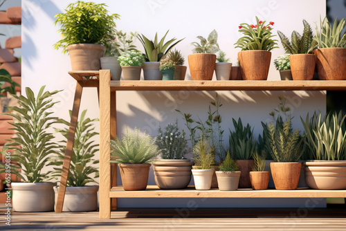 A calming minimalist outdoor gardening area, with clean-lined planters, essential gardening tools, and potted greenery