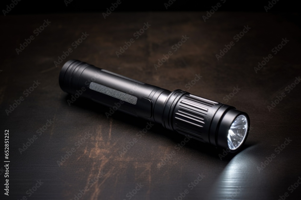 a bright led flashlight on a dark table a bright led flashlight on a dark table