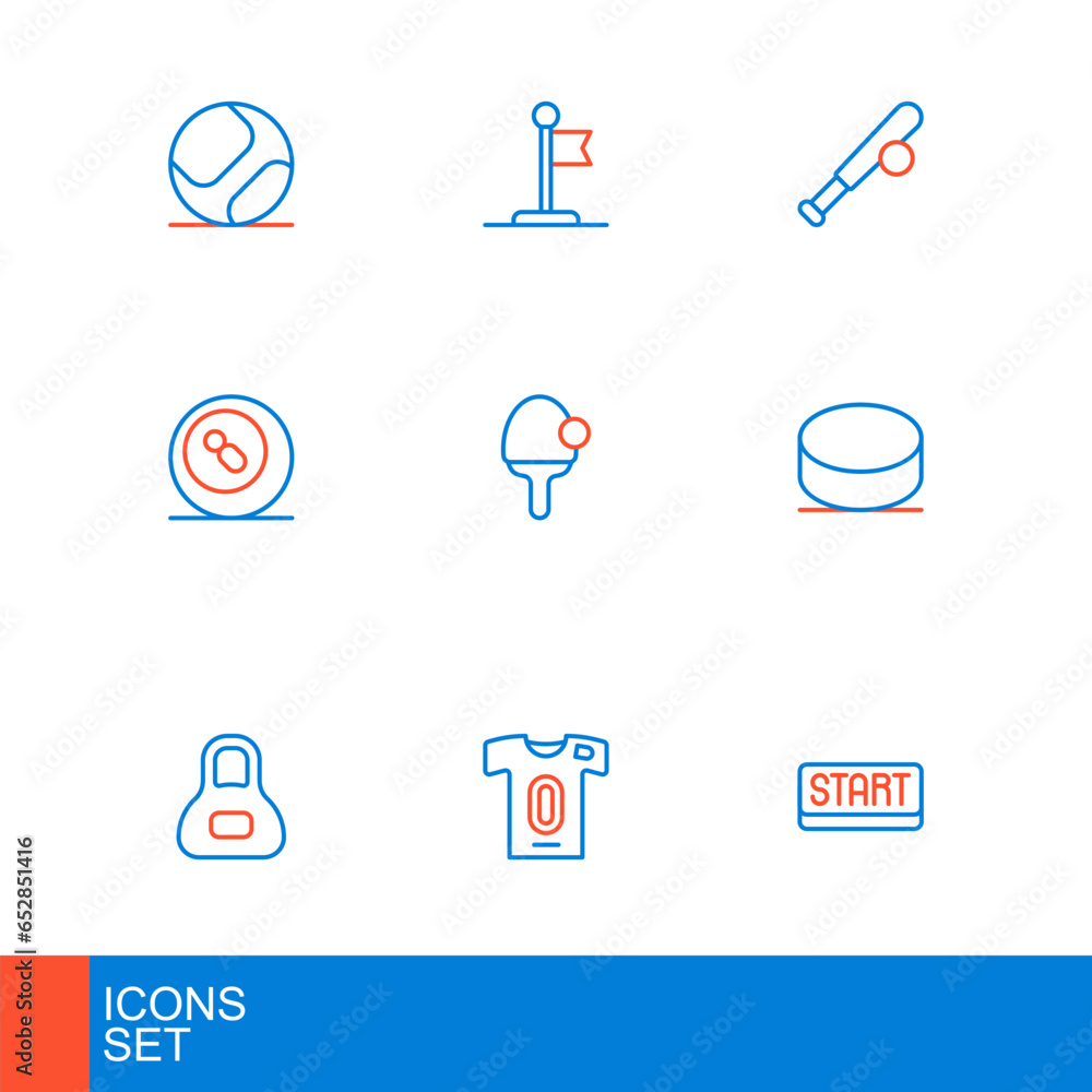 Set line Ribbon in finishing line, Football jersey and t-shirt, Weight, Hockey puck, Billiard pool snooker, Racket, Baseball bat with and Flag icon. Vector Set line Ribbon in finishing line, Football jersey and t-shirt, Weight, Hockey puck, Billiard pool snooker, Racket, Baseball bat with and Flag icon. Vector