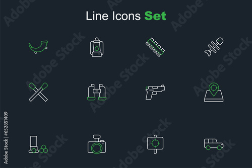Set line Safari car, Target sport, Photo camera, Cartridges, Hunt place, Pistol gun, Binoculars and Burning match with fire icon. Vector