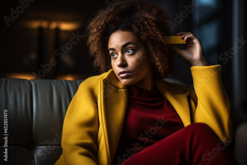 Young female model with yellow jacket checking the phone. Professional business woman concept background