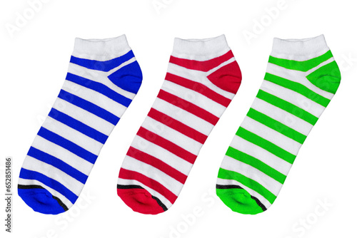 Socks with different lines isolated on white background. Colorful socks son white background. Colored socks on the leg isolated on white background