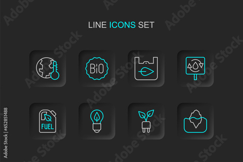 Set line Iceberg, Electric saving plug in leaf, Light bulb with, Bio fuel canister, Recycle clean aqua, Shopping bag recycle, Banner for bio and Earth melting to global warming icon. Vector