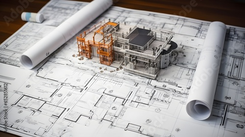 Paper architectural drawings and blueprint