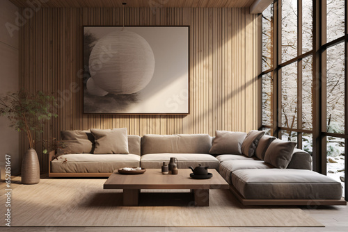 Japandi interior design for a modern living room featuring an elegant sofa, framed artwork, a table, and wall