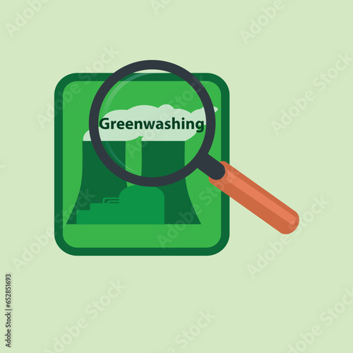 Magnifying glass on the text Greenwashing written on the smoke of a power station