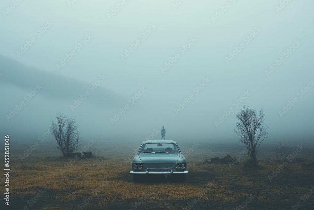 Beautiful car in nature. Expensive car in fog Beautiful car in nature. Expensive car in fog