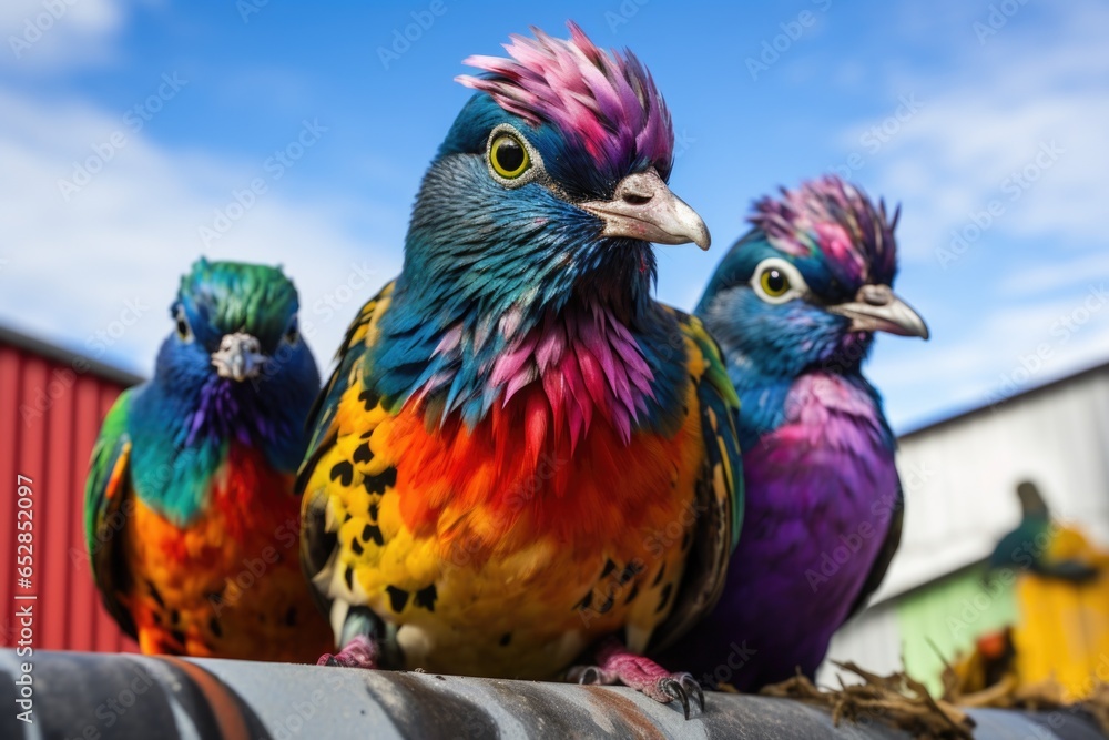 Fototapeta premium pigeons on top of a colorful graffiti wall
