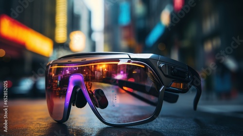 Digital information overlaid on the real world through augmented reality glasses.