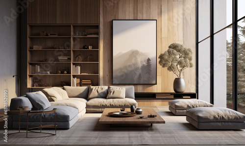 Japandi interior design for a modern living room featuring an elegant sofa, framed artwork, a table, and wall
