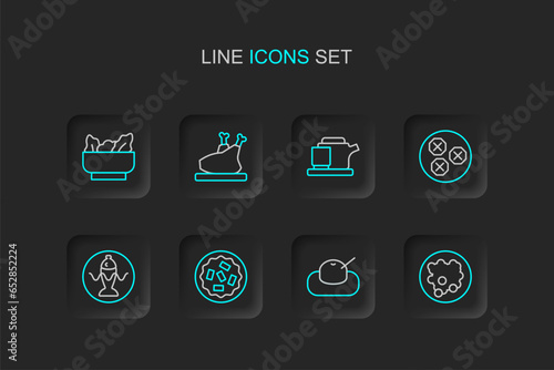 Set line Rice in a bowl, Mochi, Homemade pie, Served fish on plate, Wonton, Traditional tea ceremony, Roasted turkey or chicken and icon. Vector