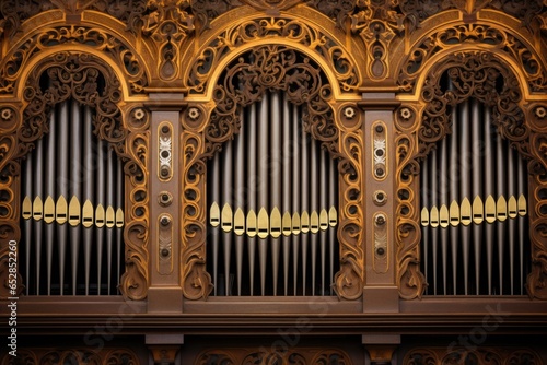 detail of synagogue organ keys, focusing on the wooden panel