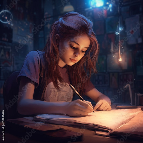 Young beautiful woman making notes in a notebook at night 