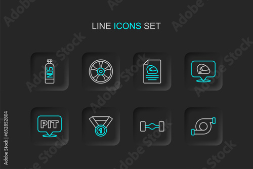 Set line Automotive turbocharger, Chassis car, Medal, Pit stop, Racing helmet, Alloy wheel for and Nitrous oxide icon. Vector