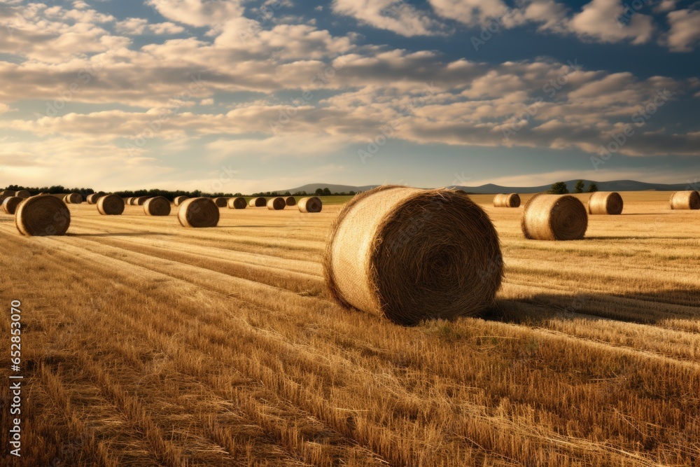 hay bales arranged in a corner of the field