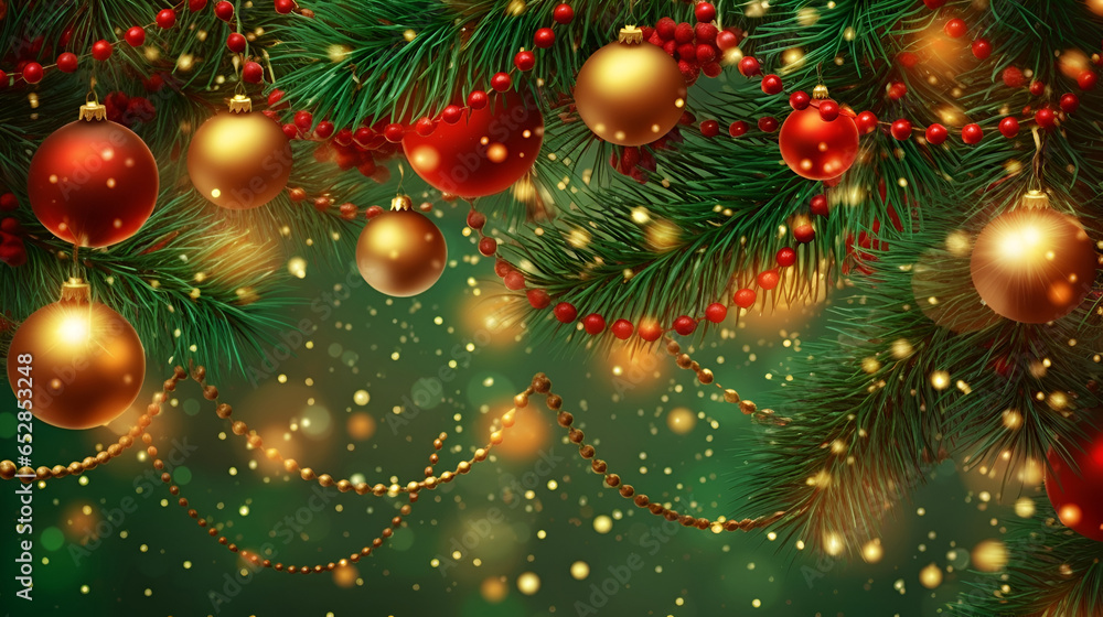 Christmas tree branches with a garland and golden balls 2 Christmas tree branches with a garland and golden balls 2